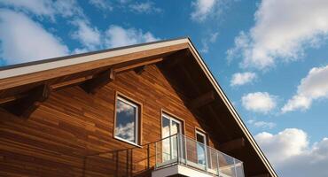 Modern wooden house exterior with balcony and windows against a blue sky photo