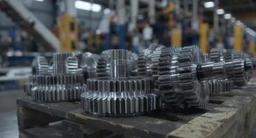 Newly manufactured metal shaft gears on a wooden pallet in a factory photo