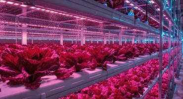 Red butterhead lettuce growing in modern indoor vertical farm with hydroponics and LED lights for agriculture photo
