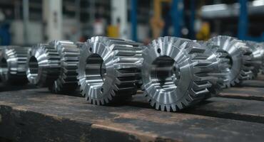Newly manufactured metal shaft gears arranged on a wooden pallet in an industrial factory photo