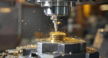 High precision CNC machine actively cutting brass alloy workpiece with metal chips flying during manufacturing process photo