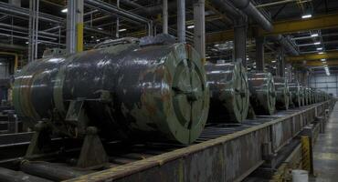 Massive aged artillery shells on a production line in a large industrial factory photo