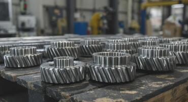 Newly manufactured metal shaft gears arranged neatly on a wooden pallet in a factory photo