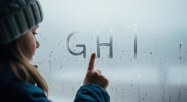 Child tracing alphabet letters GHI on a foggy window with condensation photo