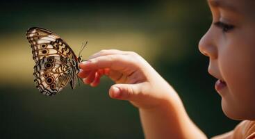 Child hand gently touching a beautiful butterfly in a natural setting photo