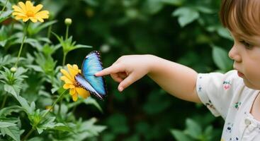 Child hand gently touching a vibrant blue butterfly on a yellow flower in a lush garden photo