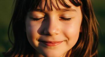 Close up of a young girl face with closed eyes and a soft smile in warm sunlight photo