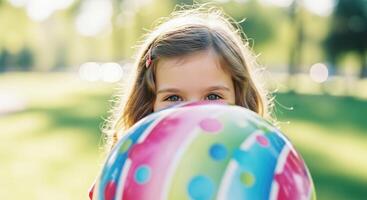 A young girl joyful eyes peek over a vibrant colorful beach ball in a sunny park. photo