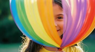 Joyful little girl peeking behind a large rainbow striped balloon outdoors photo