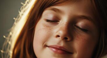 Close up portrait of a young girl with red hair and freckles, eyes closed, soft smile photo