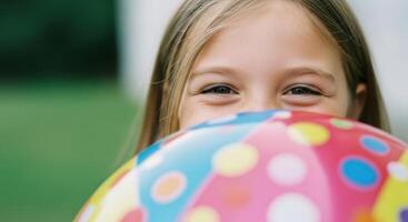 Joyful young girl peeking over a colorful polka dot ball with sparkling eyes outdoors photo