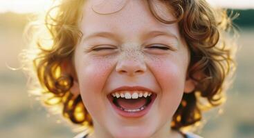 Joyful young child with curly hair laughing heartily with eyes closed in warm sunlight photo