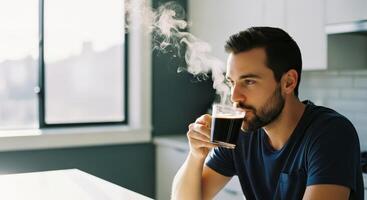 Bearded man enjoying hot black coffee with steam in a bright modern kitchen photo