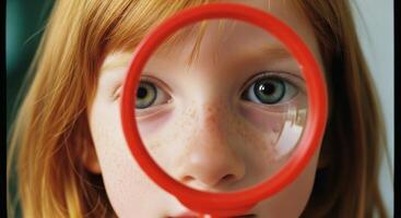 Curious young girl eyes magnified by red lens for discovery and investigation photo