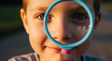 Curious young boy holding a blue toy magnifying glass over his eye, exploring with wonder photo