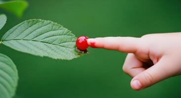 Child finger gently pressing a ripe red berry on a green leaf, juice staining photo