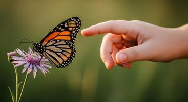 Child hand gently reaching towards a monarch butterfly on a purple flower photo