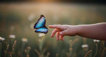 Child hand gently touching a beautiful blue butterfly in a sunlit field photo