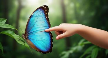 Child hand gently touches blue butterfly wing on green leaf in nature photo