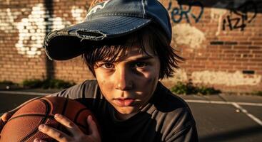 Determined young boy in a baseball cap holding a basketball on an urban court photo