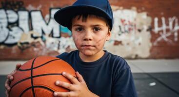 Young boy in baseball cap holding basketball with determined expression against urban wall photo
