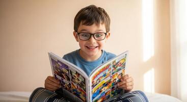 Delighted young boy with glasses eagerly reading a colorful comic book photo