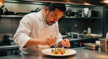 Professional male chef meticulously plating gourmet dish in restaurant kitchen photo