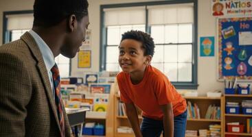 Curious young black boy looking up at his teacher in a classroom during a lesson. photo