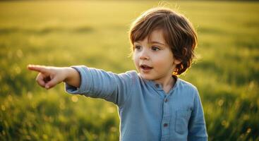 Cute little boy pointing with curious expression in a sunny green meadow at golden hour photo