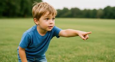 Curious young boy pointing with wide eyes in a green outdoor field photo