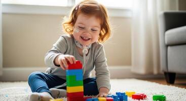 Joyful toddler girl with feeding tube playing with colorful building blocks photo