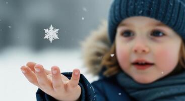 Young boy hand reaching for a delicate snowflake falling in a snowy winter scene photo