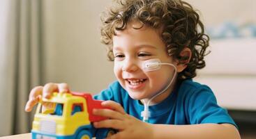 Happy child with feeding tube playing with toy truck, showing resilience and joy photo
