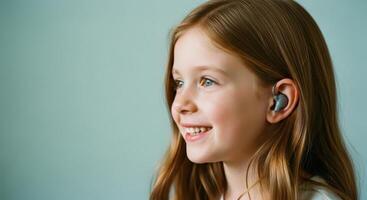 Smiling little girl with a hearing device in her ear, enjoying sound. photo
