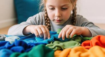 Focused young girl exploring colorful sensory items, engaged in educational play photo