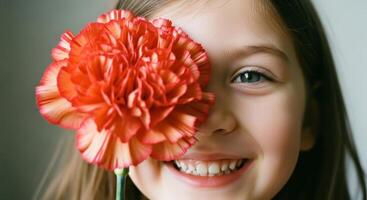 Joyful young girl smiling with a large red and orange carnation flower covering one eye photo