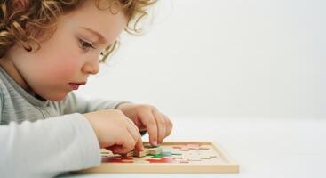 Focused child playing with colorful wooden puzzle, developing skills and learning photo