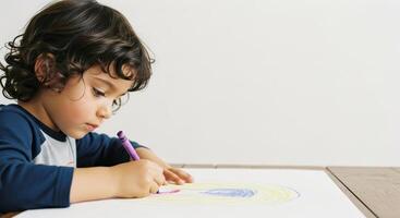 Young boy with curly hair intently drawing with crayon on white paper photo