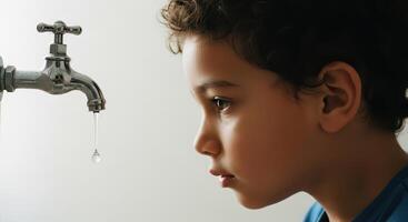A young boy intently watches a single water drop fall from a dripping faucet, symbolizing water conservation. photo