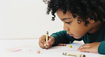 Young boy with curly hair intently focused on drawing with colorful crayons on a large sheet of paper photo