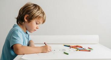 Young boy intently focused on drawing with colorful crayons on a large white paper photo