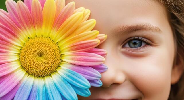 Smiling child face partially hidden by a vibrant rainbow daisy flower photo
