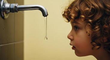 Curious child watching a single drop of water falling from a dripping faucet photo