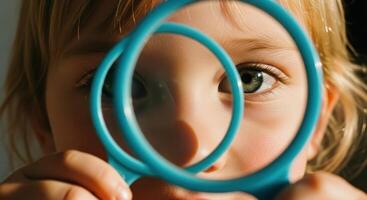 Young child green eye magnified by blue toy glass in close up view photo