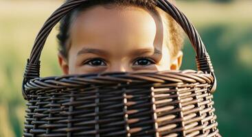 Playful child peeking over a rustic woven basket with curious and innocent eyes photo