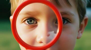 Curious young boy eye magnified by a red toy magnifying glass, close up. photo