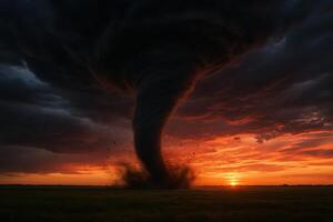 Powerful tornado swirling through an open field at dramatic sunset with ominous clouds photo