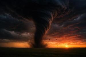 Powerful swirling tornado tearing through an open field at sunset with ominous clouds photo