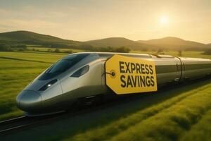 Modern high speed train with express savings tag gliding through green fields photo