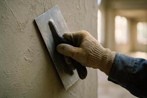 A builder gloved hand smoothing fresh plaster on a wall with a trowel during renovation. photo